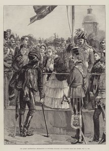 21 मई 1856 को क्रीमिया से घायल अधिकारियों और सैनिकों को सजावट बांटती रानी