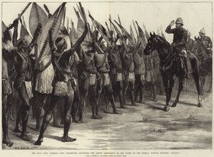 ज़ुलु युद्ध, जनरल लॉर्ड चेम्सफोर्ड ने तुगेला के तट पर मूल निवासी की समीक्षा करते हुए, मूल निवासियों को HH-Ooo चिल्लाते हुए कहा!