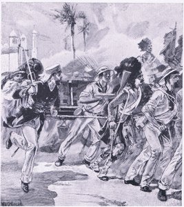 नवंबर 1857, लखनऊ में एचएमएस शैनन से नौसैनिक ब्रिगेड, भूमि और समुद्र पर ब्रिटिश लड़ाई से चित्रण, 1915
