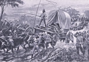 ज़ुलु युद्ध: एस्टोवे रिलीफ फोर्स ने अप्रैल 1879 में एक धारा को पार करते हुए ब्रिटिश बैटल ऑन लैंड एंड सी, 1915 से चित्रण