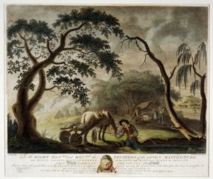 फ्लैक्स को बोग से बाहर निकालते हुए, आयरलैंड के लिनेन कारख़ाना की प्लेट III, 1791,