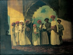 भारतीय संगीतकारों का समूह एक सारंगी, एक तंबूरा और तबला बजाता हुआ, जिसमें एक लड़की छत पर नाचती है