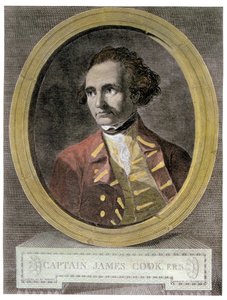 कैप्टन जेम्स कुक (1728-79) का पोर्ट्रेट, &39;जर्नी राउंड द वर्ल्ड टू द साउथ पोल&39; के अग्र भाग से (बाद में रंगमंडल) द्वारा विलियम होजेस