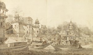 बनारस शहर का एक भाग का दृश्य, c.1781 (वॉश माउंट पर रखे कागज पर पेंसिल से ब्रश की स्याही से ग्रे वॉश) द्वारा विलियम होजेस