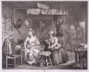 लंदन में 1820-22 में प्रकाशित &39;द ओरिजिनल एंड जेनुइन वर्क्स ऑफ विलियम हॉगर्थ&39; से एक हार्लॉट प्रोग्रेस, प्लेट III द्वारा विलियम होगार्थ
