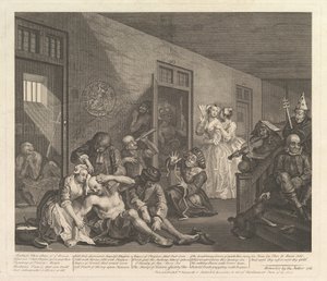 रेक प्रोग्रेस, प्लेट 8, [25 जून, 1735] 1763 को फिर से जारी किया गया। द्वारा विलियम होगार्थ