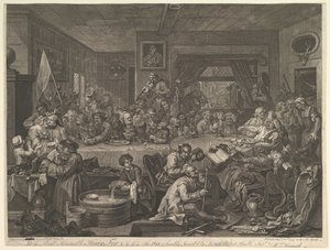 ए इलेक्शन एंटरटेनमेंट, प्लेट I: इलेक्शन के चार प्रिंट, 24 फरवरी, 1755। द्वारा विलियम होगार्थ
