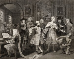 1833 में प्रकाशित &39;द वर्क्स ऑफ विलियम हॉगर्थ&39; से &39;ए रेक प्रोग्रेस&39; की प्लेट II में कलाकारों और प्रोफेसरों से घिरे द्वारा विलियम होगार्थ