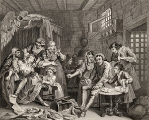 1833 में प्रकाशित &39;द वर्क्स ऑफ विलियम हॉगर्थ&39; से &39;द रैक ऑफ प्रोग्रेस&39; की जेल वीआईआई, प्लेट VII द्वारा विलियम होगार्थ