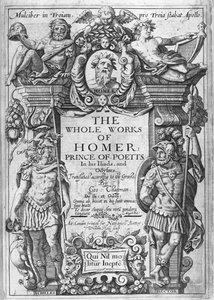 1614-16 में प्रकाशित जॉर्ज चैपमैन द्वारा अनुवादित &39;द होल वर्क्स ऑफ होमर&39; का शीर्षक पृष्ठ