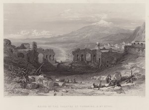 ताओरमिना में थिएटर के खंडहर, और माउंट एटना (उत्कीर्णन)