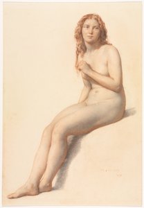 महिला न्यूड, बैठा, सामने से तीन चौथाई दृश्य, 1859।