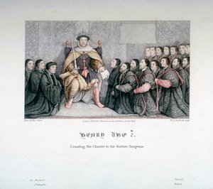 16वीं शताब्दी, 1817 में बार्बर सर्जन को चार्टर प्रदान करते हुए हेनरी अष्टम द्वारा विलियम पी शरलॉक