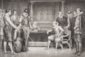 गाई फॉक्स (1570-1606) ने जेम्स I (1566-1625) और किंग्स बेडचैब में उनकी परिषद से पूछताछ की, &39;अंग्रेजी और स्कॉटलैंड के इतिहास का चित्र&39; वॉल्यूम I से