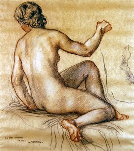 पीछे से बैठी एक महिला का नग्न अध्ययन, c.1890 (कागज पर लकड़ी का कोयला, लाल और सफेद चाक)