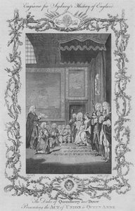 ड्यूक ऑफ क्वींसबेरी और डोवर ने रानी एनी को यूनियन ऑफ एक्ट, 1773 प्रस्तुत किया। द्वारा विलियम वॉकर