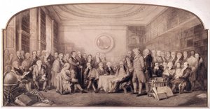 1807-1808 में विज्ञान के प्रख्यात पुरुष। रॉयल इंस्टीट्यूट ऑफ साइंसेज, इंग्लैंड के पुस्तकालय में बैठक। विलियम वॉकर और सर जॉन गिल्बर्ट द्वारा उत्कीर्णन (1817 - 1897) - 1807 में विज्ञान के प्रख्यात पुरुष - विज्ञान के प्रख्यात पुरुष