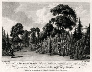 ऑक्सफ़ोर्डशायर, 1777 में नुनहम में लॉर्ड हारकोर्ट्स फ्लावर गार्डन का दृश्य