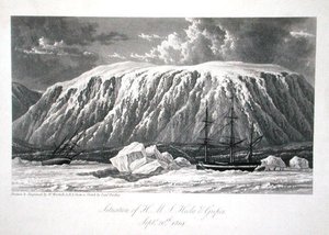 एचएमएस हेक्ला एंड ग्रिपर की स्थिति, 20 सितंबर 1819, विलियम एडवर्ड पैरी द्वारा 'जर्नल ऑफ ए वॉयज फॉर द डिस्कवरी ऑफ ए नॉर्थ वेस्ट पैसेज ऑफ द नॉर्थ वेस्ट पैसेज ऑफ द अटलांटिक टू द पैसिफिक परफॉर्म्ड इन द ईयर्स 1819-20' से, 1821 में प्रकाशित (उत्कीर्णन)