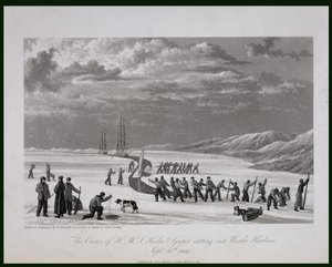 HMS Hecla und Griper का क्रू विंटर हार्बर में काट रहा है, 26 सितंबर 1819, &39;जर्नल ऑफ़ अ वॉयज फॉर द डिस्कवरी ऑफ़ ए नॉर्थ वेस्ट पैसेज ऑफ़ द अटलांटिक से पेसिफिक टू में प्रदर्शन