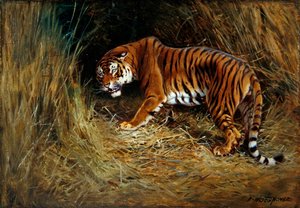 एक शिकार करने वाला बाघ (बोर्ड पर रखा कैनवास पर तेल)