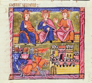 सुश्री 828 f.189r एकर की परिषद और दमिश्क की घेराबंदी, दूसरा धर्मयुद्ध, &39;हिस्टॉयर डी&39;ओटर-मेर&39; से, विलियम ऑफ टायर, एकड़, c.1280 द्वारा लिखित