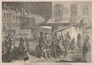 बोस्टन इवनिंग स्ट्रीट सीन, कॉर्नर ऑफ़ कोर्ट और ब्रैटल स्ट्रीट्स, 1857 में। द्वारा विंसलो होमर