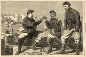 सेना में धन्यवाद दिवस - रात के खाने के बाद: हार्पर्स वीकली, पब से विशबोन 1864 द्वारा विंसलो होमर
