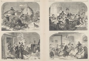 थैंक्सगिविंग डे - वेज़ एंड मीन्स [ऊपरी बाएँ], 1858 में प्रकाशित हुआ। द्वारा विंसलो होमर