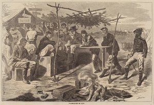 कैंप में थैंक्सगिविंग, 1862 में प्रकाशित। द्वारा विंसलो होमर