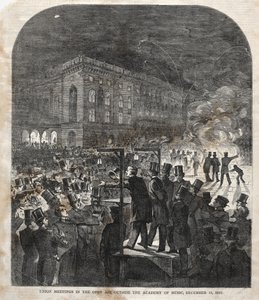 1859 के संगीत अकादमी के बाहर खुली हवा में संघ की बैठक। द्वारा विंसलो होमर