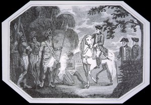 डेविड ह्यूम और टोबियास स्मोलेट द्वारा 'द हिस्ट्री ऑफ इंग्लैंड' से जे टेलर द्वारा उकेरी गई 1777 में जनरल बरगॉय एंड द इंडियंस, लंदन में प्रकाशित हुई द्वारा वुड्रूफ़ (बाद में)