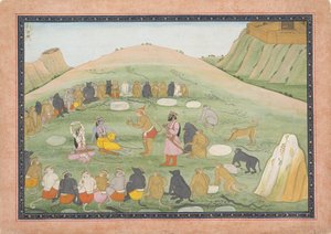 हनुमान ने राम और लक्ष्मण को औषधीय जड़ी-बूटियों से पुनर्जीवित किया..., रामायण श्रृंखला, सी. 1790. द्वारा नैनसुखो के बाद पहली पीढ़ी में सक्रिय कार्यशाला