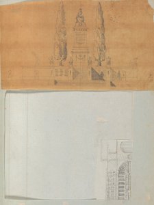 एक स्क्रैपबुक से पृष्ठ जिसमें आरेखण और वास्तुकला के कई प्रिंट शामिल हैं, इंट..., सीए। 1800-1850। निर्माता: चार्ल्स पर्सिएर की कार्यशाला, पियरे फ्रांस्वा लियोनार्ड फोंटेन की कार्यशाला। द्वारा चार्ल्स पर्सिएर की कार्यशाला, पियरे की कार्यशाला
