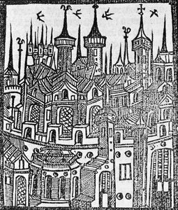 द क्रॉनिकल ऑफ़ एंग्लोंडे से वुडकट, 1497 द्वारा Wynkyn de Worde