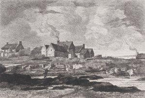 1845-75 में दायीं ओर बहने वाली नदी और पृष्ठभूमि में घरों के साथ देश का परिदृश्य। द्वारा जेवियर डी डानांचे