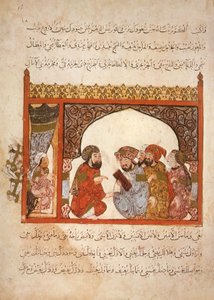 सुश्री अर 5847 f.16, कुलाधिपति मारघा: राज्यपाल ने अबू ज़ायद को अपनी सेवा में प्रवेश करने का प्रस्ताव दिया, अल हरमीत अल हरिरी द्वारा, c.1240 (वेल्लम पर गौचे) द्वारा याहया इब्न महमूद अल वासिती
