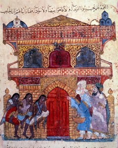 बुर्जुआ अल-हरिथ (अल हरीथ), हम्माम का बेटा, और अबू मोहम्मद अल-कासिम इब्न अली हरीरी के "मक़मत" (सीन्स) से राजा लघु के महल के सामने भटकने वाला नेविगेटर अबू-ज़ायद (अबू जायद) (या अल-हरीरी या अल हरीरी) (1054-1122) enlumi द्वारा याहया इब्न महमूद अल वासिती