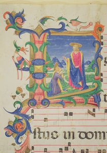 मिसल 515 f.72v हिस्ट्रीशीटेड प्रारंभिक &39;एल&39; मसीह मैरी मैग्डलीन को दर्शाती है, 1449 से पहले निष्पादित एक चोयर बुक से फिलिप्पो डी माटेयो टोरेली (1409-68) द्वारा रोशन की गई सीमा