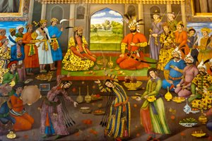 फ्रेस्को; नृत्य करने वाली लड़कियों के साथ भोज; शाह तहमास्प ने भारतीय मुगल सम्राट होमायूं की अगवानी की; 1544; चेहल सोतौन; चालीस स्तंभ पैलेस; इस्फ़हान; ईरान; एशिया