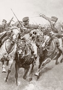 रूसी कोसैक्स और जर्मन घुड़सवार सेना के बीच घुड़सवार लड़ाई, जिसे हसर ऑफ डेथ एन श्वान्सफेल्ड के रूप में जाना जाता है, कोर्सचेन और बार्टनस्टीन, पूर्वी प्रशिया, अगस्त 1914 के बीच प्रथम विश्व युद्ध के दौरान, ला एस्फेरा से द्वारा फर्डिनेंड जॉर्ज वाल्डमुलर