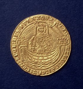 नोबल ऑफ एडवर्ड III (1312-77) एक जहाज पर राजा को दिखाते हुए अग्रभाग, कैलाइस मिंट, इंट्रो। 1344 (सोना) (रिवर्स के लिए देखें: 110161) द्वारा जॉन एर्लेंडसन