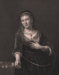 रेम्ब्रांट की पत्नी सास्किया वैन यूलेनबर्ग (1612-1642) का पोर्ट्रेट, पायने की रॉयल ड्रेसडेन गैलरी से रेम्ब्रांट द्वारा पेंटिंग से डैनियल जॉन पाउंड द्वारा उत्कीर्ण, अल्बर्ट हेनरी पायने, एच पायने ड्रेसडेन और लीपज़िग प्रकाशक द्वारा, लगभग 1840 द्वारा सेवेरिनी सेवेरिनी
