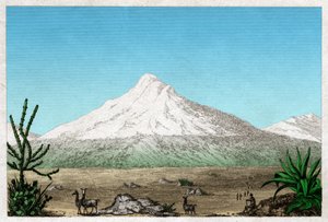 तापिया, इक्वाडोर के पठार से चिम्बोराजो ज्वालामुखी। लगभग 1840 (उत्कीर्णन) द्वारा . .