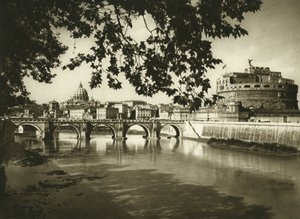 ब्रिज और Castel Sant'Angelo (Sant'Angelo) का दृश्य। पृष्ठभूमि पर सेंट पीटर (सैन पिएत्रो), रोम का बेसिलिका द्वारा फर्डिनेंड जॉर्ज वाल्डमुलर