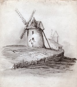 नॉरमैंडी, फ्रांस में पवनचक्की। लगभग 1830 (चित्रण) द्वारा . .