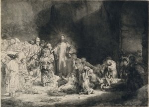 क्राइस्ट विद द सिक, अ रिसीविंग लिटिल चिल्ड्रन (द हंड्रेड गिल्डर प्रिंट) द्वारा रिमब्रांड वैन रिजन