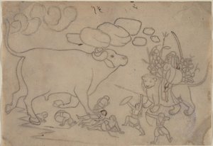 Durga Confronts the Buffalo Demon Mahisha: Scene from the Devi Mahatmya, ca. 1780.  द्वारा नैनसुख के बाद पहली पीढ़ी के गुरु