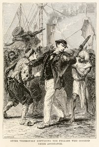 जूल्स वर्ने (1828-1905) द्वारा हेनरी-थियोफाइल हिल्डेब्रांड (18-18-1897) 1873 द्वारा उकेरी गई अठारह दिनों की दुनिया भर से अपनी सहायता की पेशकश करने वाले फालोअर्स को सख्ती से फटकारने के बाद
