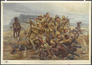 उन सभी को छोड़ दिया गया था, 17 मई 1901 को मोडेरफोन्टेइन के पास लांसर्स (रंग क्रोमोलिथो)